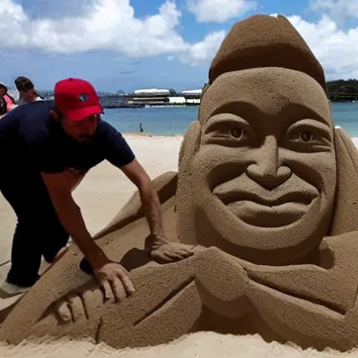 Prompt: a sand sculpture of jair messias bolsonaro on the beach