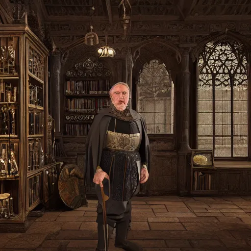 Image similar to full body portrait of Dennis hopper as a devious medieval lord standing on the right inside a big medieval Shop with tall windowpane, shelves full of medieval goods, morning light, dramatic lighting, high contrast, trending on artstation, style of midjourney, unreal engine, octane render, intricate details, 8k high definition, beauriful, ornate, hyperrealistic