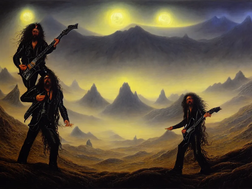 Prompt: long - haired man in leather jacket playing the most amazing electric guitar, epic landscape, fantasy concept art, john howe, 4 k