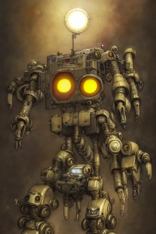 Image similar to pac man mech robot | esoteric symbolism | jean - baptiste monge, esao andrews, bastien lecouffe - deharme, tim jacobus, ken currie | ultra - detailed realism, soft cinematic lighting, hi - fructose, artstation, high - quality, ink watercolors wes anderson poster art