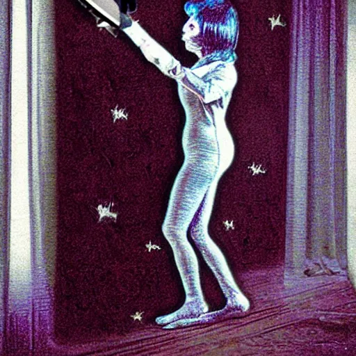 Image similar to A drawing. A rip in spacetime. Did this device in her hand open a portal to another dimension or reality?! autochrome, x-ray photography by Les Edwards, by John Perceval aesthetic