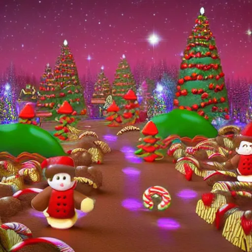 Image similar to Candy land forest during christmas time with anthropomorphic ginger bread people and candy people, rivers made out of chocolate milk, the sky is pink, 3d art, Surreal, Angelic, HD, Hyper Realistic