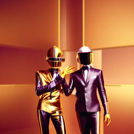 Image similar to daft punk inspired, avant-garde art, deco fashion, high heels, strong makeup, highly detailed, photorealistic portrait, serene london setting, golden hour, crisp quality and light reflections, unreal engine 5 quality render