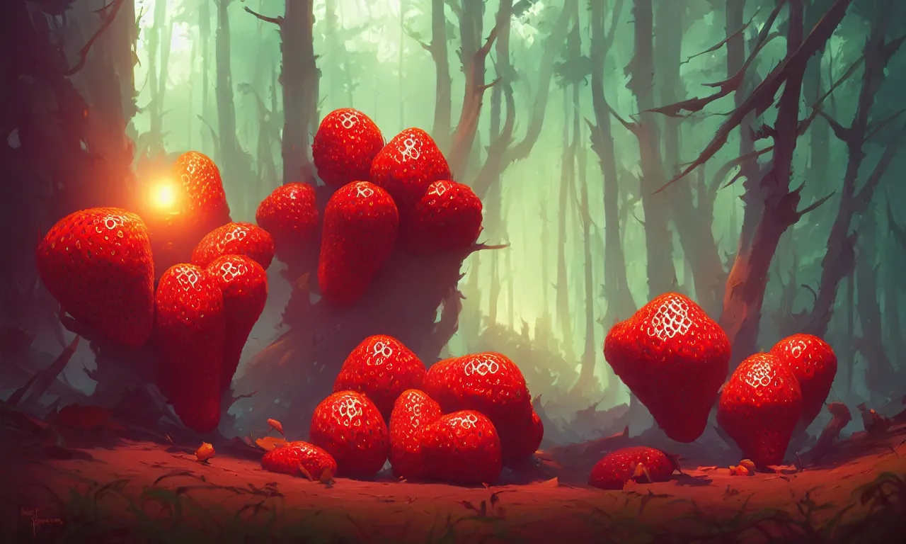 Image similar to Dark forest large strawberries, behance hd by Jesper Ejsing, by RHADS, Makoto Shinkai and Lois van baarle, ilya kuvshinov, rossdraws global illumination