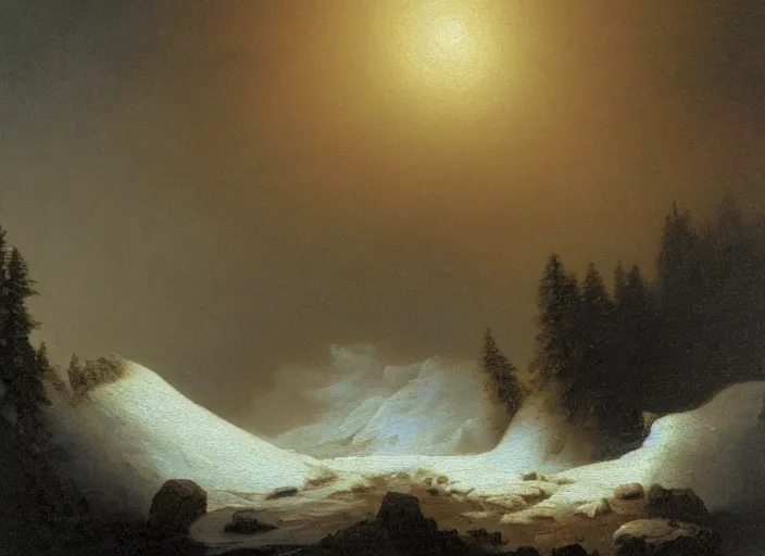 Image similar to earth after the cretaceous – paleogene extinction event, a harsh winter cools down the earth, blizzards envelop the lands and barely any sunlight gets through the thick dust clouds, dark skies, thick snow in the style of hudson river school of art, oil on canvas