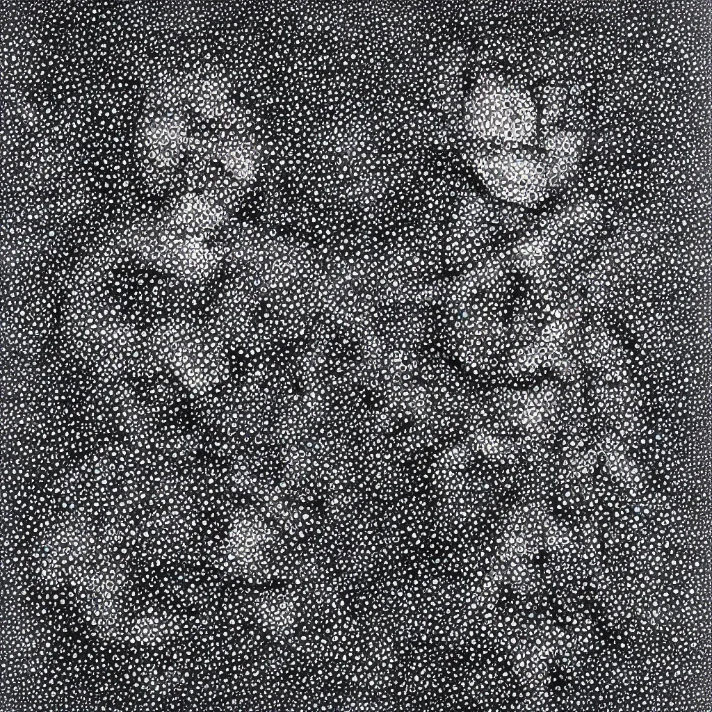 Image similar to camo made of out teeth, smiling, abstract, maya bloch artwork, do hoang tuong artwork, cryptic, dots, stipple, lines, splotch, concrete, color tearing, pitch bending, faceless people, tribal, dark, ominous, eerie, minimal, points, technical, painting