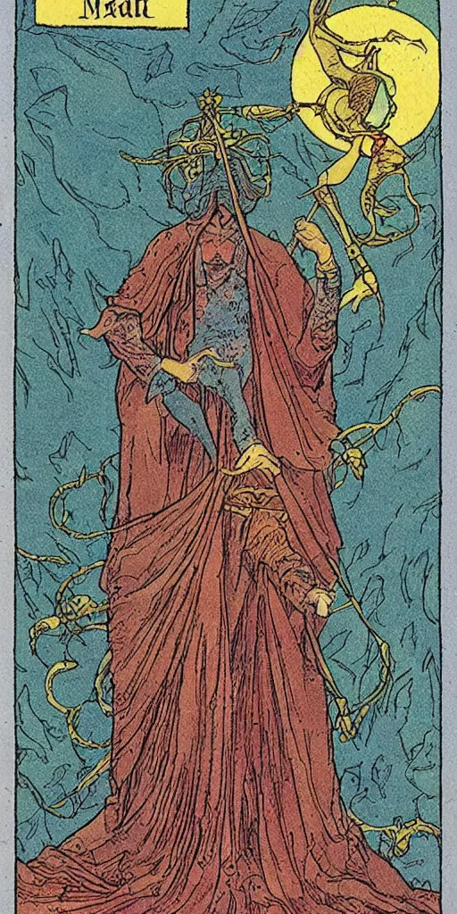 Image similar to the tarot card of the magician painted by moebius.