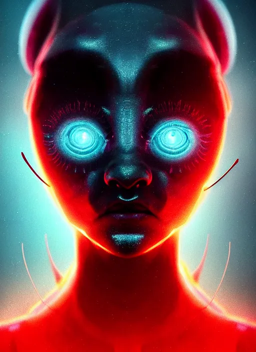 Prompt: portrait of realistic alien with horns. red eyes, human eyes, background flames, sci - fi, tech wear, volumetric lighting, intricate, elegant, highly detailed, digital painting, artstation, concept art, illustration, bokeh, in the style of lee jeffries