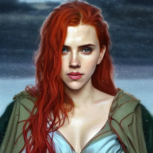 Image similar to an extremely detailed portrait of scarlett johansson and emma watson and christina hendricks as three polyamorous red haired vampire queens kissing in the rain sheltering under a large blue blanket, epic fantasy, viewed in profile from far away, sharp focus, detailed face, art by greg rutkowski and alphonse mucha, volumetric lighting, 4 k resolution, trending on artstation, masterpiece