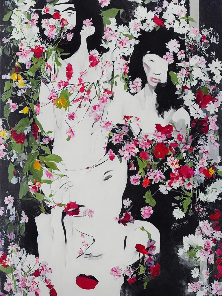 Image similar to “art in an Australian artist’s apartment, portrait of a woman wearing white cotton cloth, eating luscious fresh berries, white wax, edible flowers, Japanese pottery, ikebana, black walls, acrylic and spray paint and oilstick on canvas”