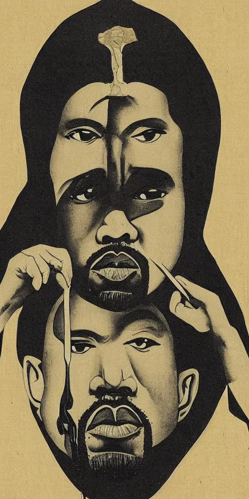 Image similar to a portrait of kanye west with sinister eyes holding a knife with blood on it, ukio-e style, hieronymus bosch and beeple, symmetrical