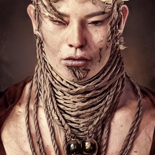 Image similar to portrait of a Shibari rope wrapped face and neck, headshot, insanely nice professional hair style, dramatic hair color, digital painting, of a old 17th century, old cyborg merchant, amber jewels, baroque, ornate clothing, scifi, realistic, hyperdetailed, chiaroscuro, concept art, art by Franz Hals and Jon Foster and Ayami Kojima and Amano and Karol Bak,