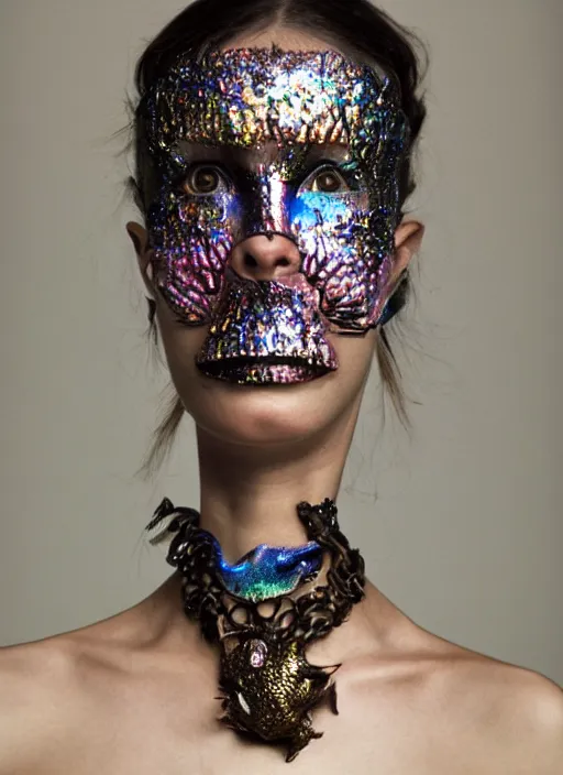 Prompt: a woman with iridescent skin, pirate weapons, by van herpen, iris