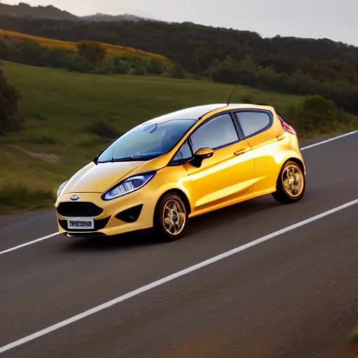 Prompt: ford fiesta mk 6 zetec on a mountain road, award winning photograph, golden hour