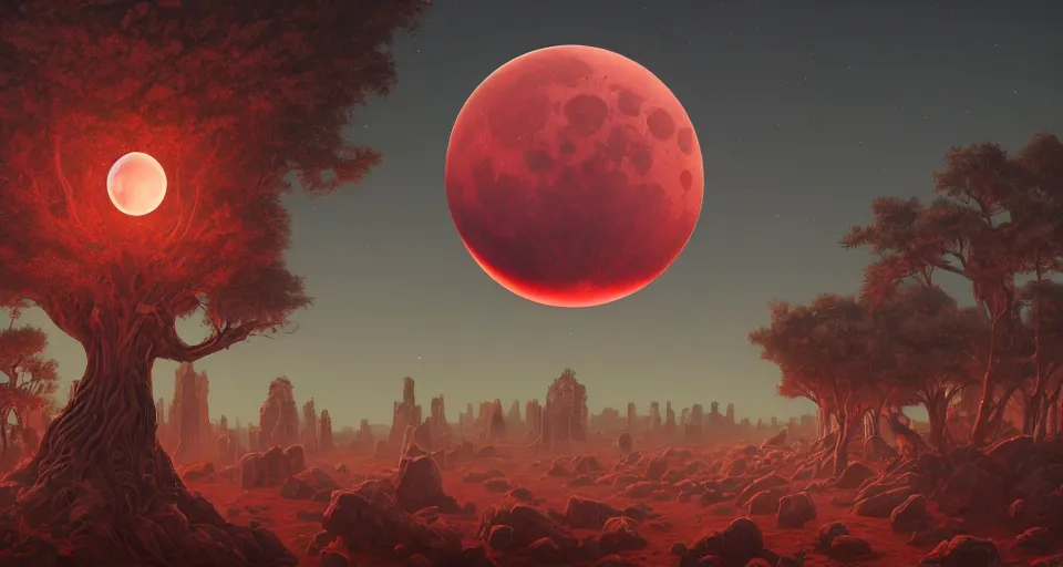 Prompt: An intricate hyperrealistic matte painting the blood moon, by Dan Mumford and Mœbius and Amir Zand, unreal engine, circular, spherical, trending on artstation, tree, detailed, red