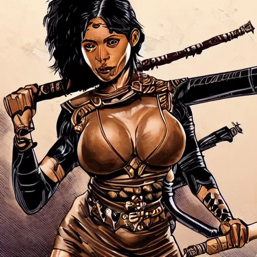 Prompt: a beautiful warrior woman with tan skin and dark hair wearing black catsuit covered by modern plates of body armour, she is holding a long staff, intricate, elegant, highly detailed, detailed face, smooth, sharp focus, high contrast, graphic novel, art by laurie greasley,