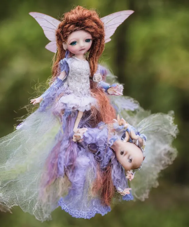 Image similar to high quality presentation photo of a detailed fairy doll in the style of Nicoletta Ceccoli photography 4k f1.8 anamorphic bokeh 4k Canon Nikon