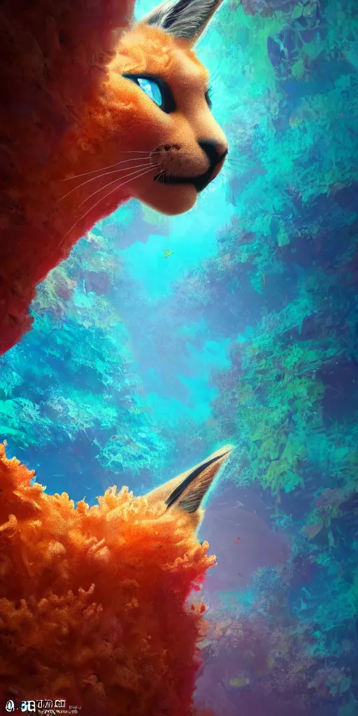 Prompt: of a colorful under water cave with swimming cute fluffy caracals, sandy coral, in the style of gehry and gaudi, macro lens, shallow depth of field, ultra detailed, digital painting, trending artstation, concept art, illustration, cinematic lighting, photorealism, epic, octane render