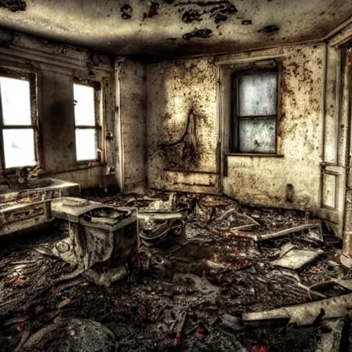 Prompt: An abandoned kitchen. This place is really scary. 8k. Fantasy horror