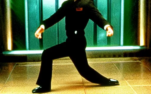 Image similar to Michael Jackson as Neo fighting Agent Smith, Still from The Matrix (1999)