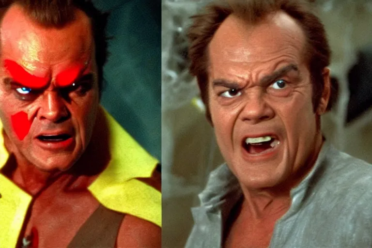 Image similar to Jack Nicholson in costume of Pikachu Terminator scene where his endoskeleton gets exposed and his eye glow red still from the film