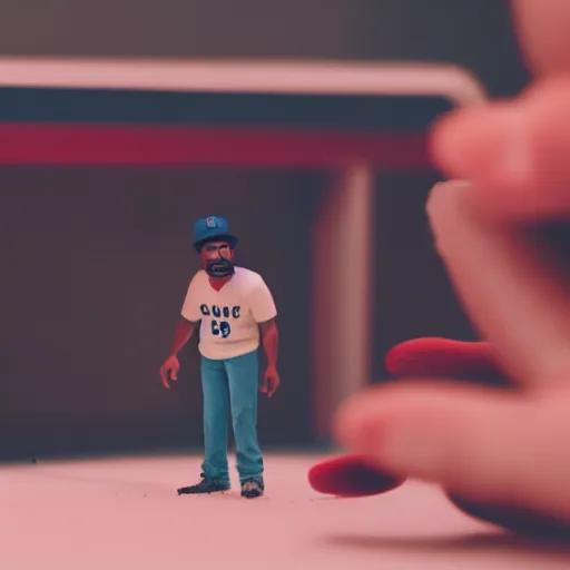 Image similar to a cinematic film still of a claymation stop motion film starring chance the rapper as a college student, shallow depth of field, 8 0 mm, f 1. 8