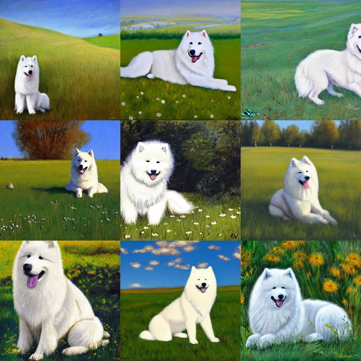 Prompt: a samoyed dog sitting in the middle of sunny meadow, by philip evergood