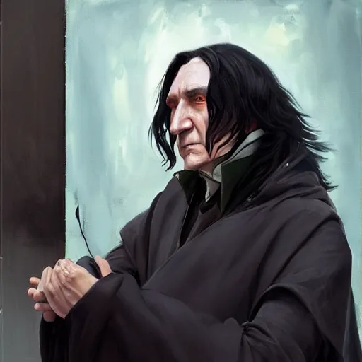 Image similar to greg manchess portrait painting of severus snape as overwatch character, medium shot, asymmetrical, profile picture, organic painting, sunny day, matte painting, bold shapes, hard edges, street art, trending on artstation, by huang guangjian and gil elvgren and sachin teng
