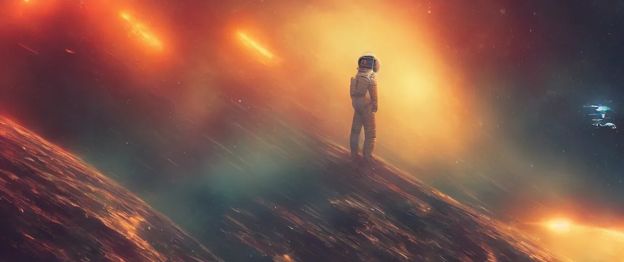 Image similar to an astronaut floating in space, sci fi, in style of blade runner 2 0 4 9, digital art, detailed, depth of field