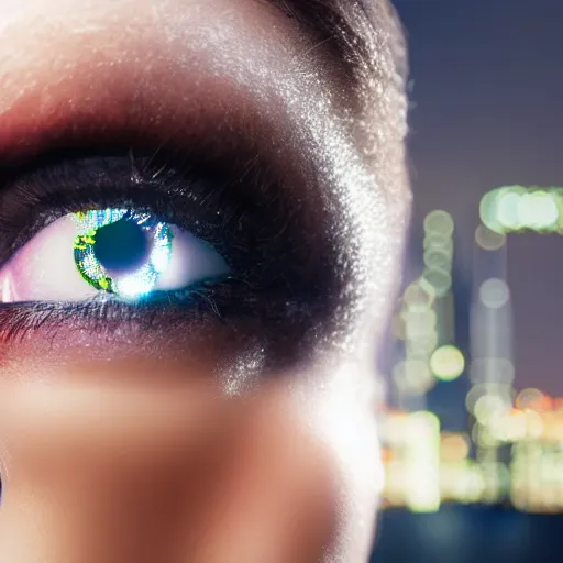 Image similar to close up on a woman\'s face with a log of cybernetic components. Futuristic city in the background. Very detailed. 55mm lens