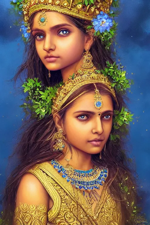 Image similar to a pale Indian girl with golden hair, floral crown, sad blue eyes, cinematic lighting, ultra detailed, highly detailed, sharp focus, golden background with flowers, golden jewellery with blue sapphires, photographic, art by artgerm and greg rutkowski and zdislav beksinski