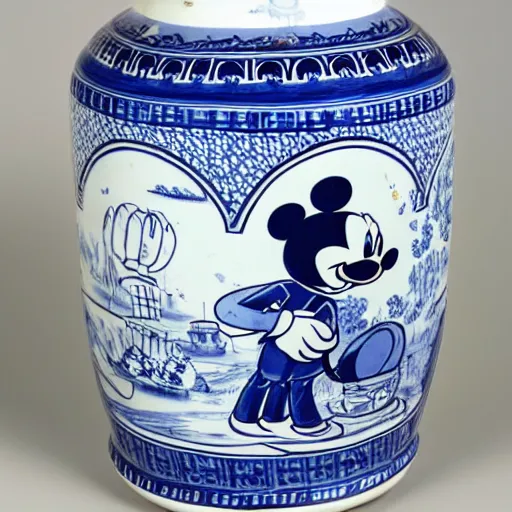 Image similar to a delft blue vase with a happy mickey mouse depicted on it ; extremely detailed