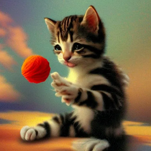 Prompt: kitten playing with ball of yarn, matte painting by Don Bluth