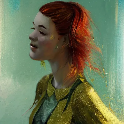 Image similar to Highly detailed painting of a beautiful young woman with long red hair, smiling by Craig Mullins and Ross Tran, Green dress, Golden Background, Fabric texture, Golden thread, intricate patterns, Trending on artstation, pinterest, cgsociety, 4k, 8k, HDR, award winning, unreal engine