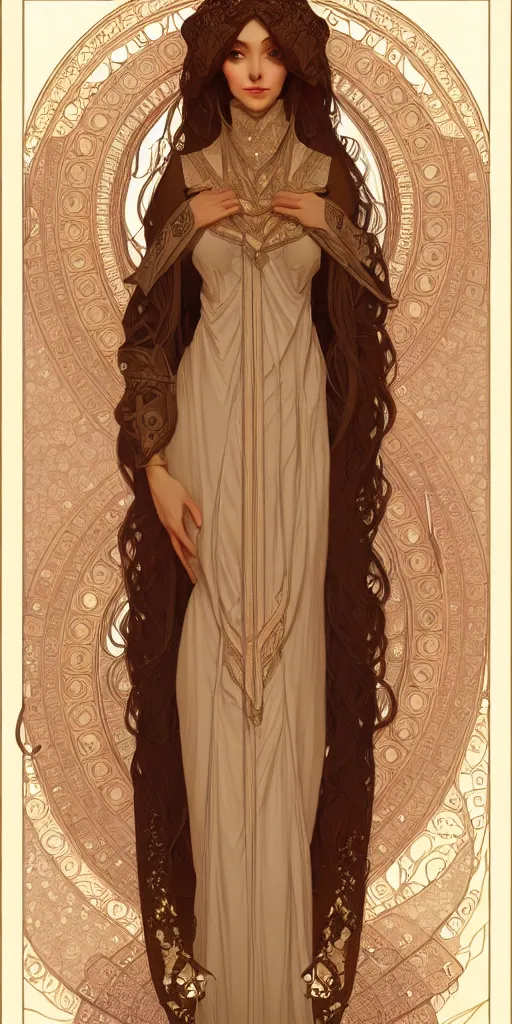 Image similar to character portrait of a modest woman, tall, feminine, powerful, modestly clothed, voluminous, intricate, elegant, highly detailed, digital painting, artstation, smooth, symmetrical, sharp focus, illustration, art by alphone mucha