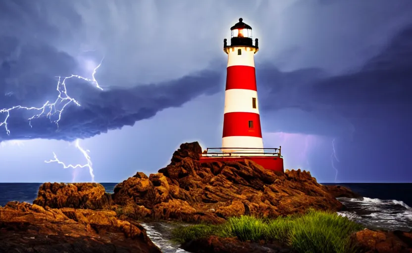 Image similar to a movie still of a lighthouse with a thunderstorm, highly detailed, 8 k