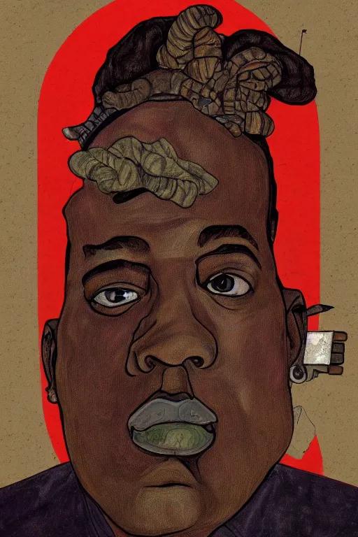 Image similar to a portrait of biggie small in style of egon schiele, masterpiece, hyperdetailed, complex, intricate, 4 k, trending on artstation