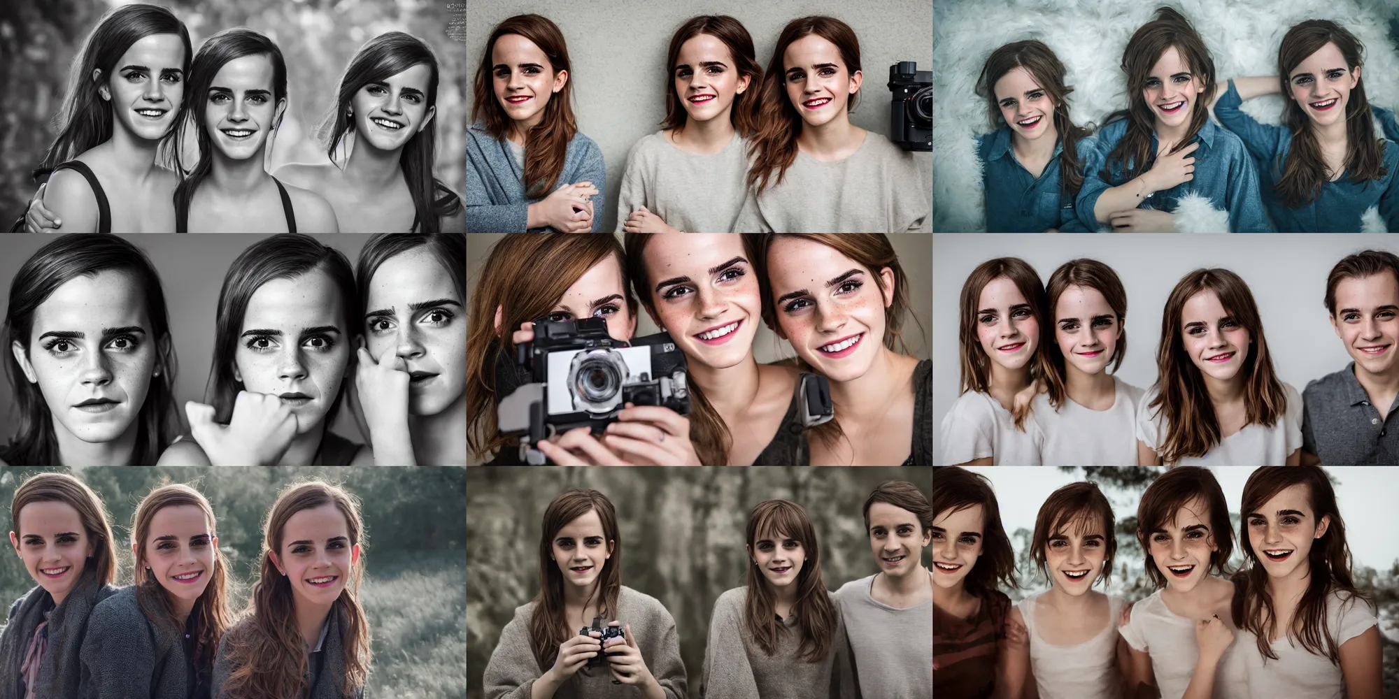 Prompt: portrait emma watson identical twins smiling greg rutkowski james gurney dji ronin 4 d 6 k blackmagic ursa mini pro 1 2 k canon fujifilm sony alpha nikon