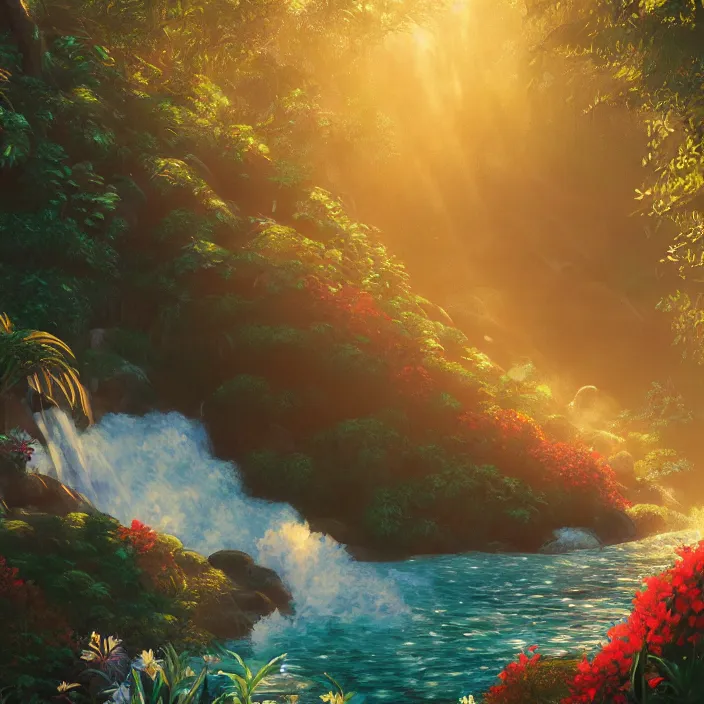 Prompt: an epic makoto shinkai and renoir landscape with a hawaiian waterfall, golden hour, 🌺, ultra smooth, octane render, lois van baarle, ilya kuvshinov