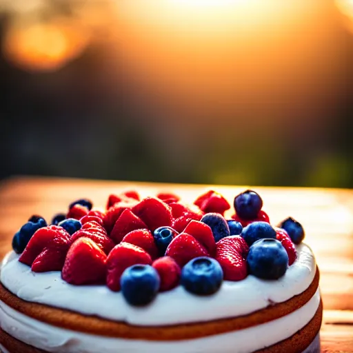 Prompt: A photo of a cake from the side on a wooden table, with cream spread on the sides and strawberries, raspberries and blueberries placed in circles on top. Sunset. 4K. Cinematic lighting. High detail. Realistic. Delicious.