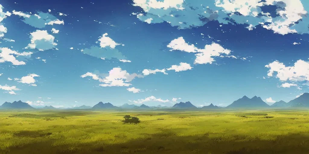 Prompt: an open prairie with mountains in the distance and clouds in the sky ， by makoto shinkai