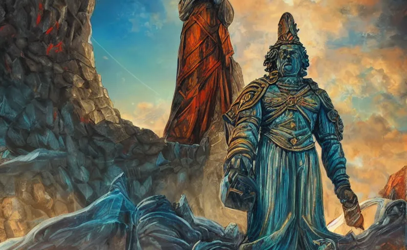 Prompt: A large statue of a wizard guarding the entrance to a port, landscape art, concept art, fantasy, inspiring, colossus of rhodes, bright lighting, colorful