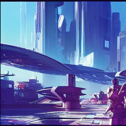 Image similar to distant view of a futuristic cyberpunk city, daylight, blue sky, cinematic lighting, blue sky, syd mead, john harris