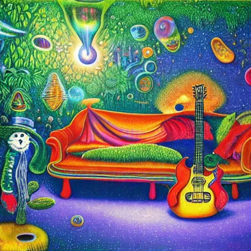 Image similar to psychedelic couch sofa in the lush forest, guitar, milky way, designed by moebius, rob gonsalves, gustav dore, giuseppe arcimboldo and carl barks, louis wain, trending on artstation, canada, star, sharp focus, colorful refracted sparkles and lines, soft light, 8 k 4 k