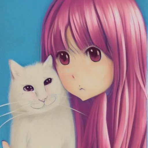 Prompt: a portrait of a young woman with very long pink hair undulating on the wind, light brown eyes, slightly chubby, pale skin, pretty, cute, holding a white cat. style manga with pastel colors. - h 6 4 0