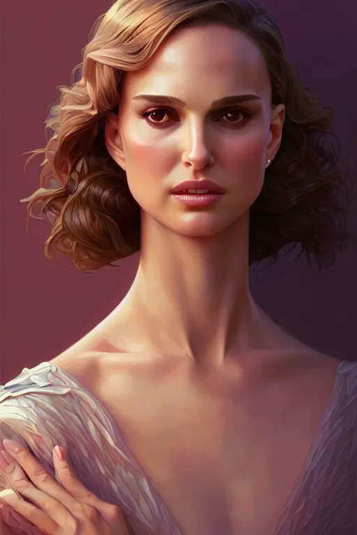 Prompt: Natalie Portman, fantasy, portrait, sharp focus, intricate, elegant, digital painting, artstation, matte, highly detailed, concept art, illustration, ambient lighting, art by ilya kuvshinov, artgerm, Alphonse mucha, and Greg Rutkowski