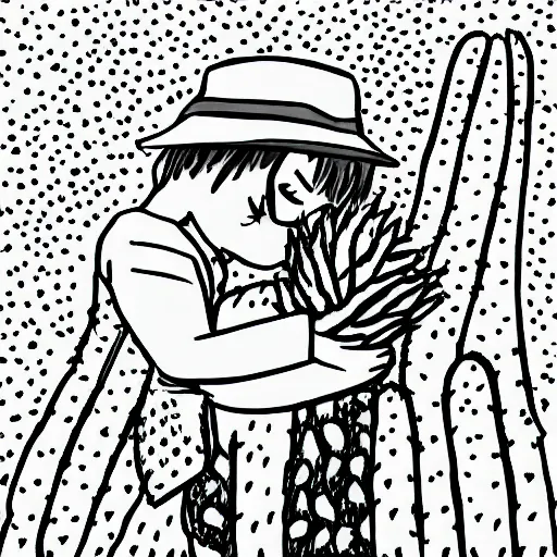 Prompt: sentimental boy hugging a cactus, line art, black and white