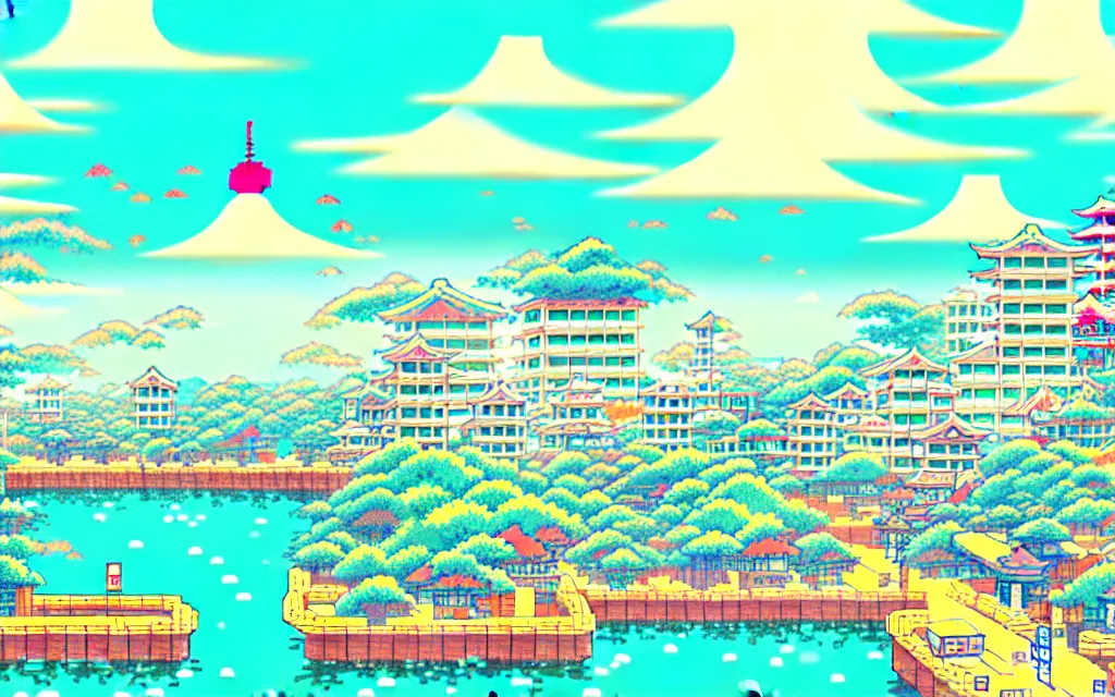 Image similar to a japanese city near the sea, lofi, dreamy, moody, very colorful, anime inspiration, ghibli vibe, very pixelart, hd