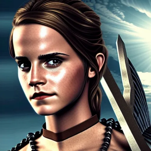 Prompt: emma watson, hyper - realistic, dressed as a valkyrie