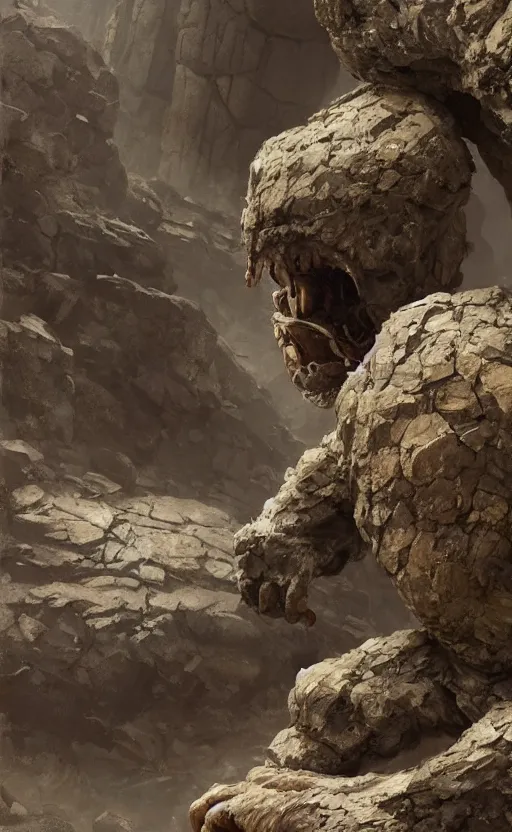 Prompt: a stone golem eating a big rock, greg rutkowski, 8 k, shallow depth of field, intricate detail, concept art,